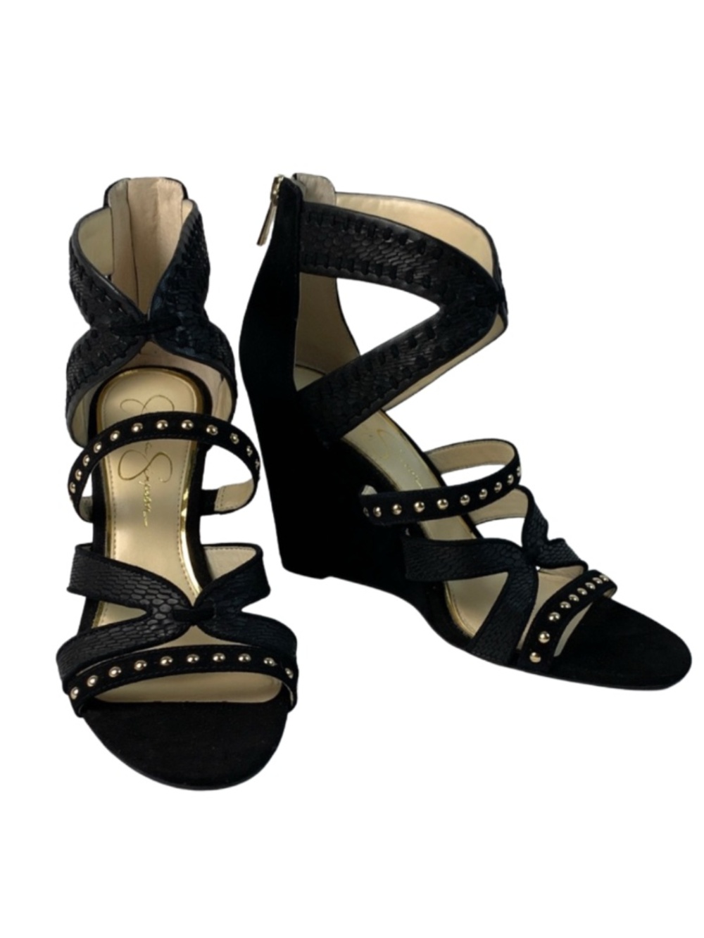 Jessica Simpson Zenolia Black Wedges with Studded Straps Size 9M Glam Minimalist